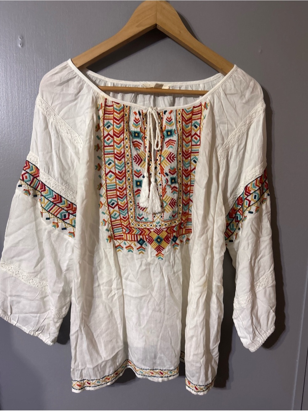 Luna Moon White Embroidered Boho Peasant Blouse XL
